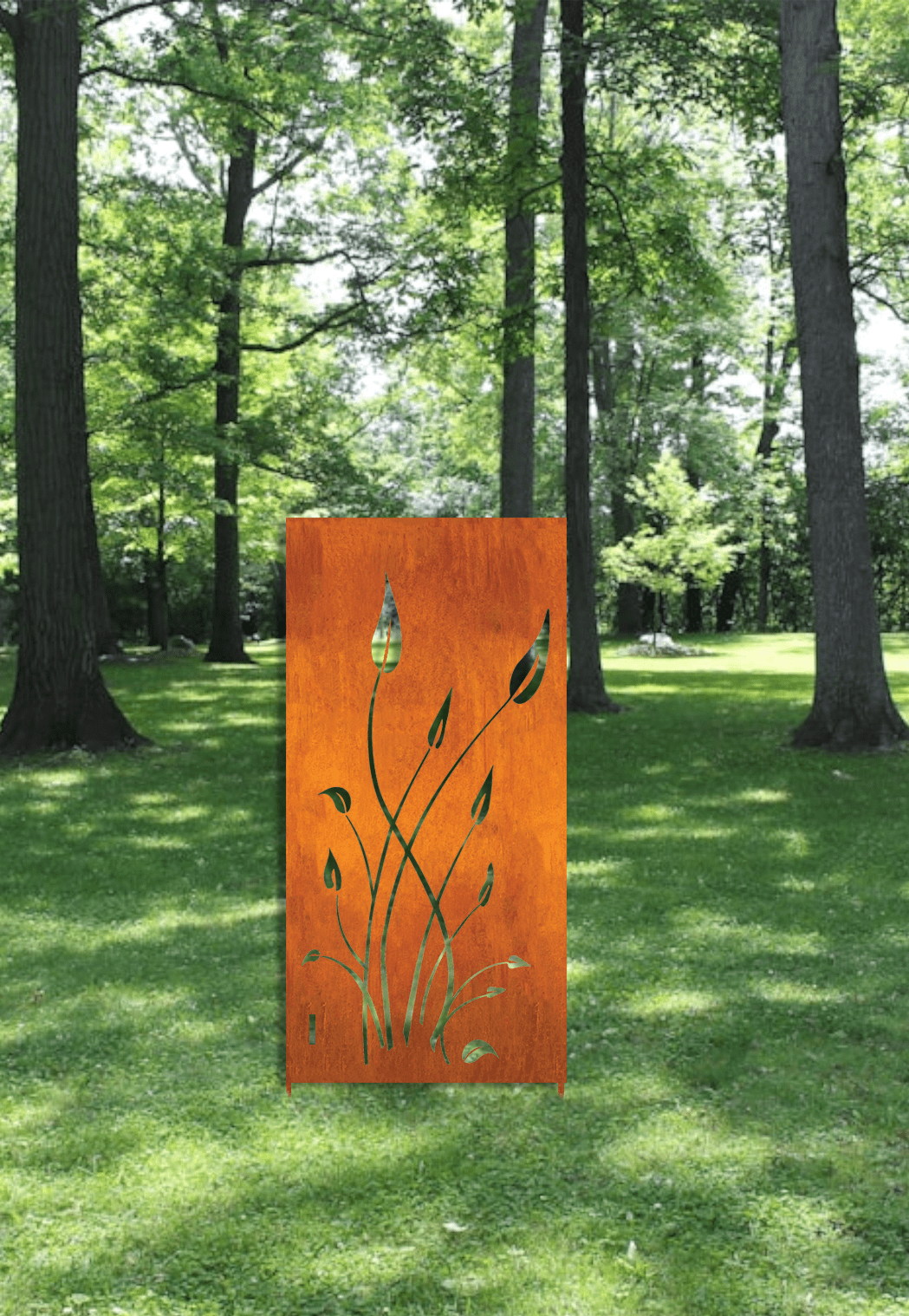 Outdoor metal privacy screen panel Rustica Ornamentals, rust-orange steel with botanical cutouts on Tampa Home & Garden Store