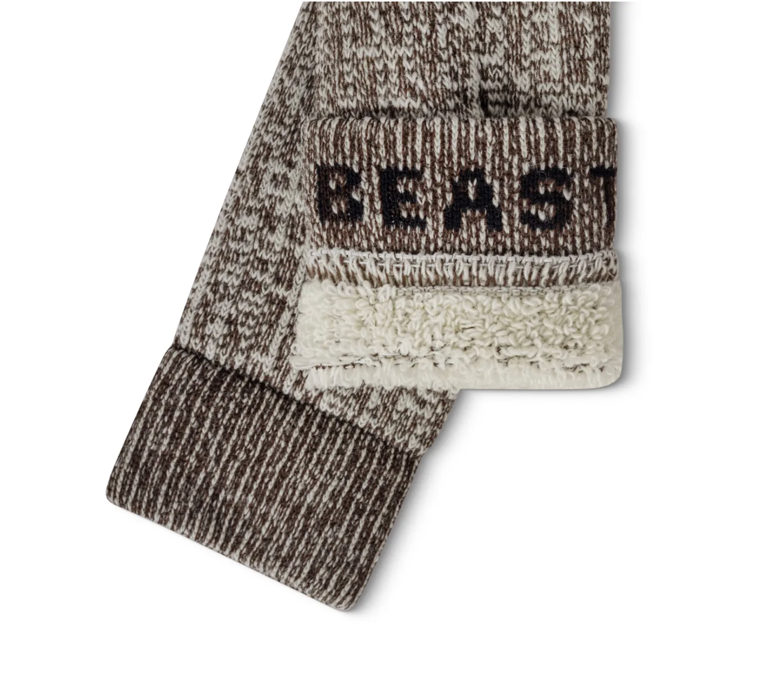 Wool BEAST OTC knee sock in brown knit with sherpa lining BEAST branding on cuff on Tampa Home & Garden Store
