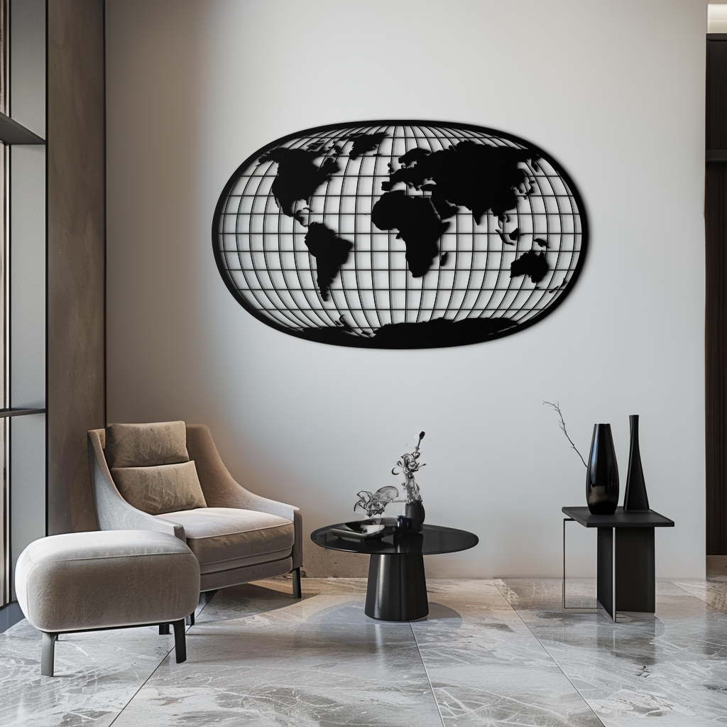 World Map Metal Wall Art - Globe Projection Steel Wall Decor - KAF103 - Tampa Home & Garden Store