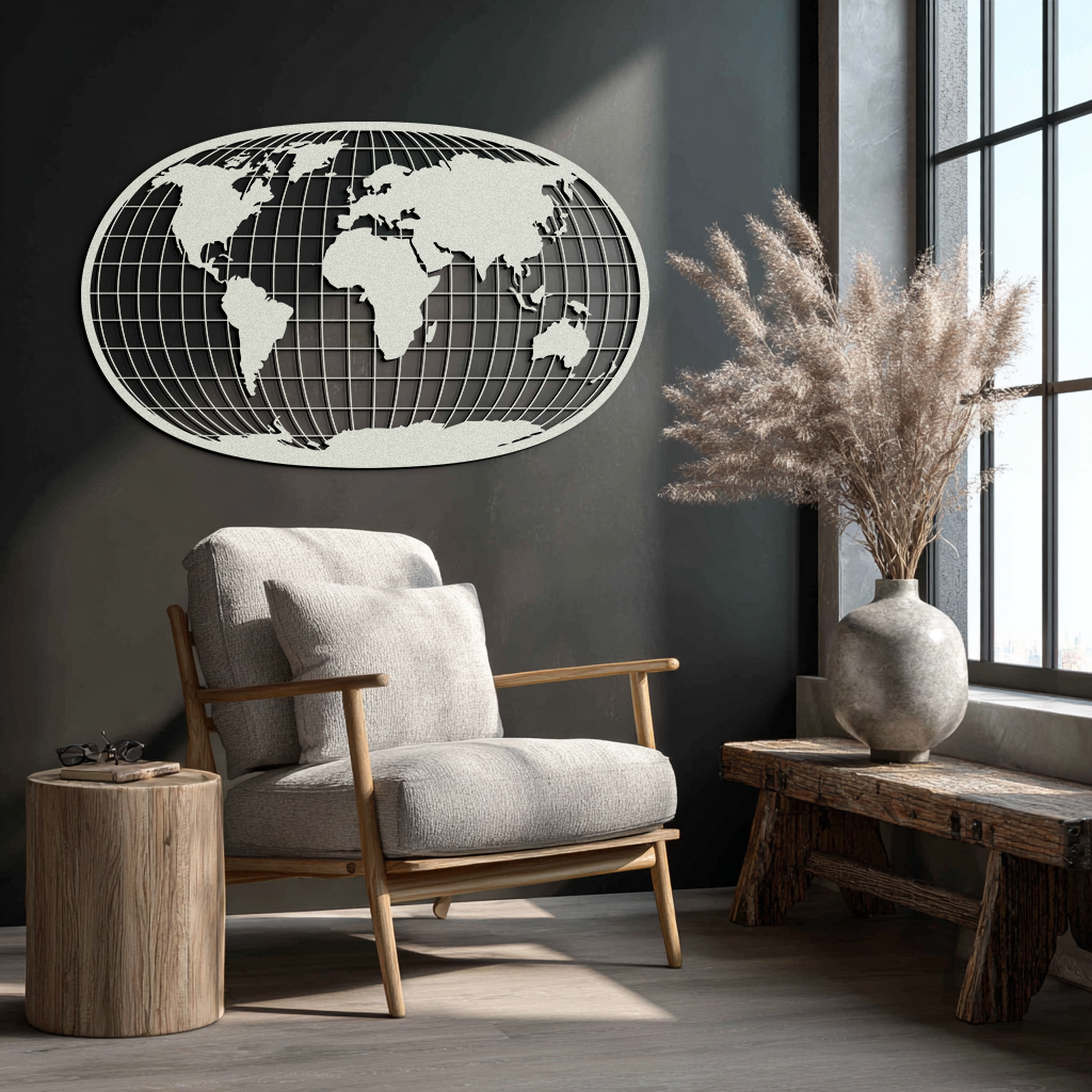 World Map Metal Wall Art - Globe Projection Steel Wall Decor - KAF103 - Tampa Home & Garden Store