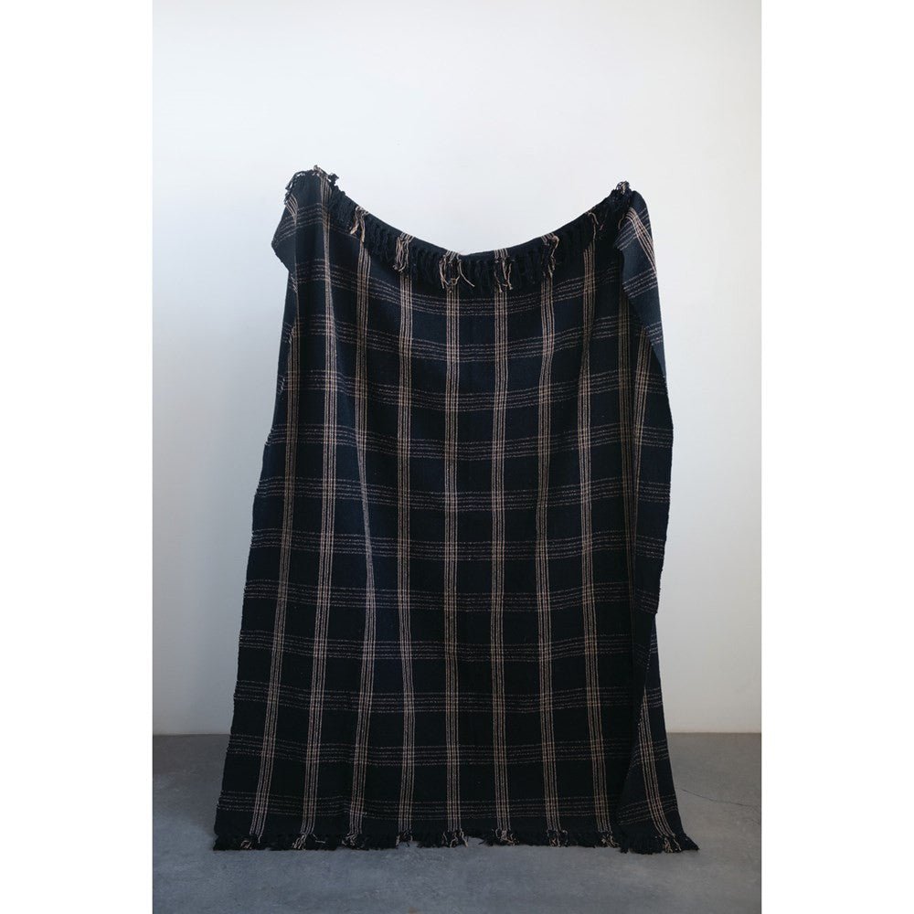 Woven Cotton Blend Throw Blanket with Fringe, Black & Tan Plaid - Tampa Home & Garden Store