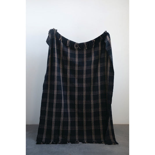 Woven Cotton Blend Throw Blanket with Fringe, Black & Tan Plaid - Tampa Home & Garden Store