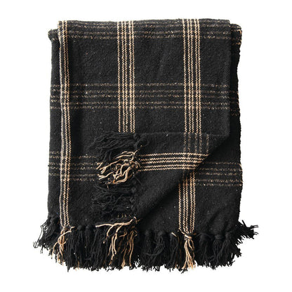 Woven Cotton Blend Throw Blanket with Fringe, Black & Tan Plaid - Tampa Home & Garden Store