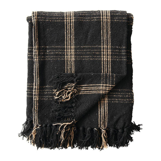Woven Cotton Blend Throw Blanket with Fringe, Black & Tan Plaid - Tampa Home & Garden Store