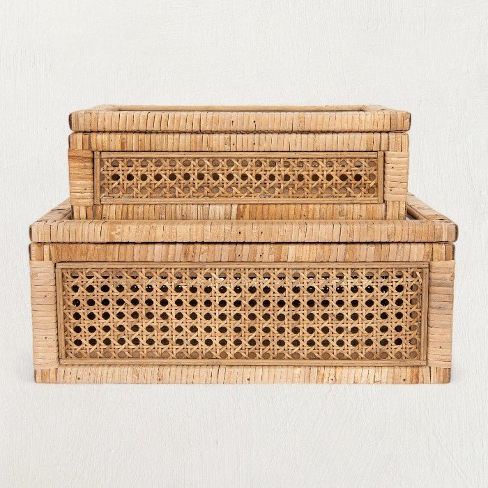 Woven Rattan & Wood Display Boxes with Glass Lid, Set of 2 - Tampa Home & Garden Store