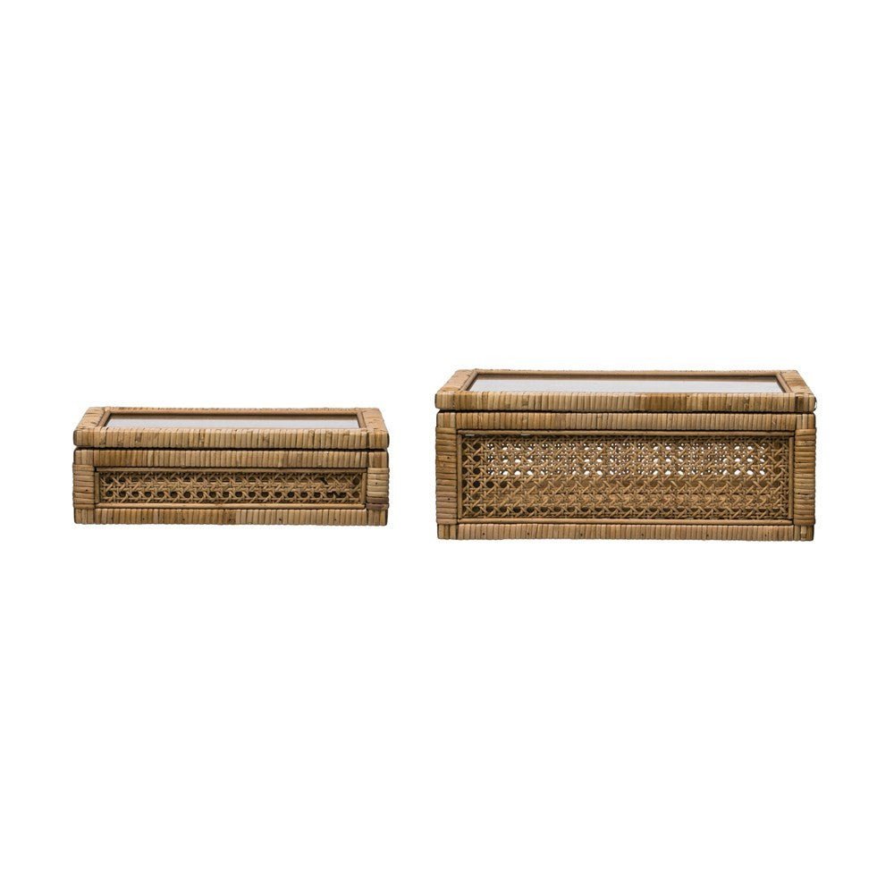 Woven Rattan & Wood Display Boxes with Glass Lid, Set of 2 - Tampa Home & Garden Store