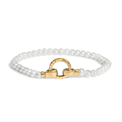 Pearl tennis bracelet with 18K yellow gold vermeil infinity lock and white pearls on Tampa Home & Garden Store