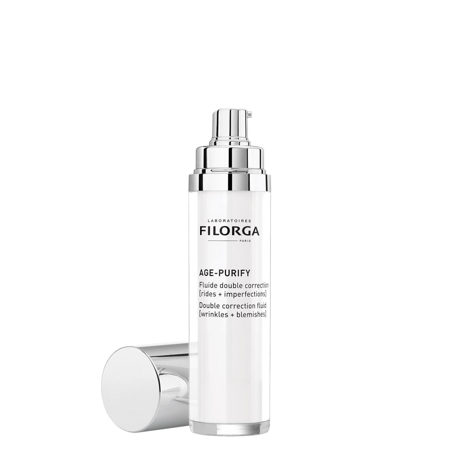 Filorga Age-Purify double correction fluid bottle with silver pump on white container on Tampa Home & Garden Store