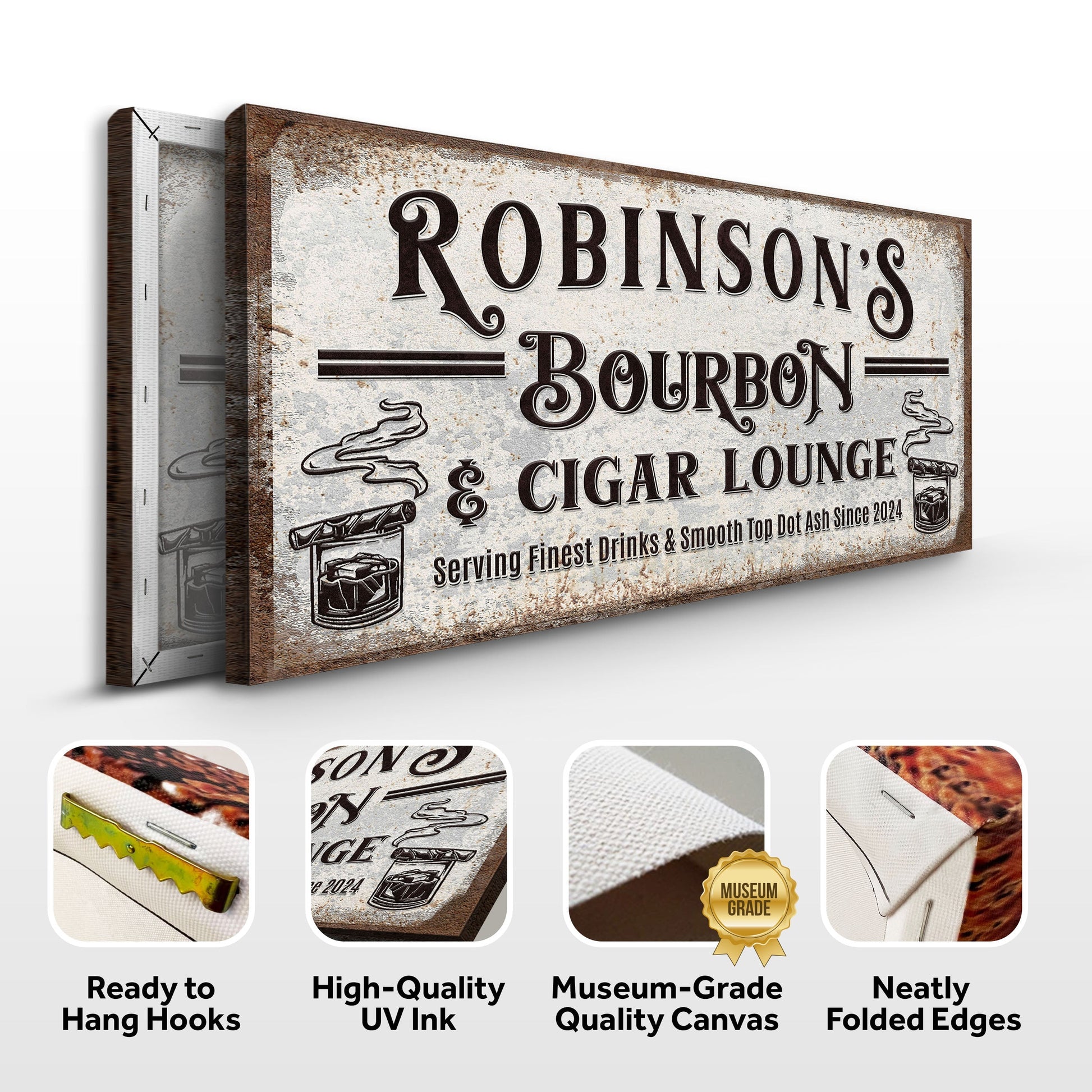 Personalized Bourbon and Cigar Bar Sign Canvas with rustic distressed finish by Tailored Canvases on Tampa Home & Garden Store