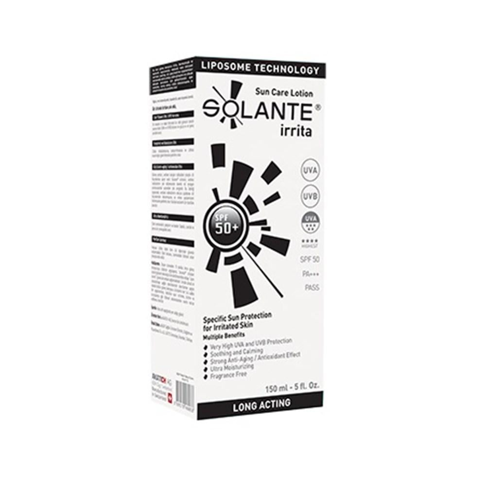 Solante irrita sunscreen lotion SPF 50+ box with sunburst logo white packaging 150 ml on Tampa Home & Garden Store