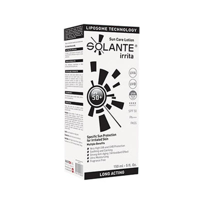 Solante irrita sunscreen lotion SPF 50+ box with sunburst logo white packaging 150 ml on Tampa Home & Garden Store