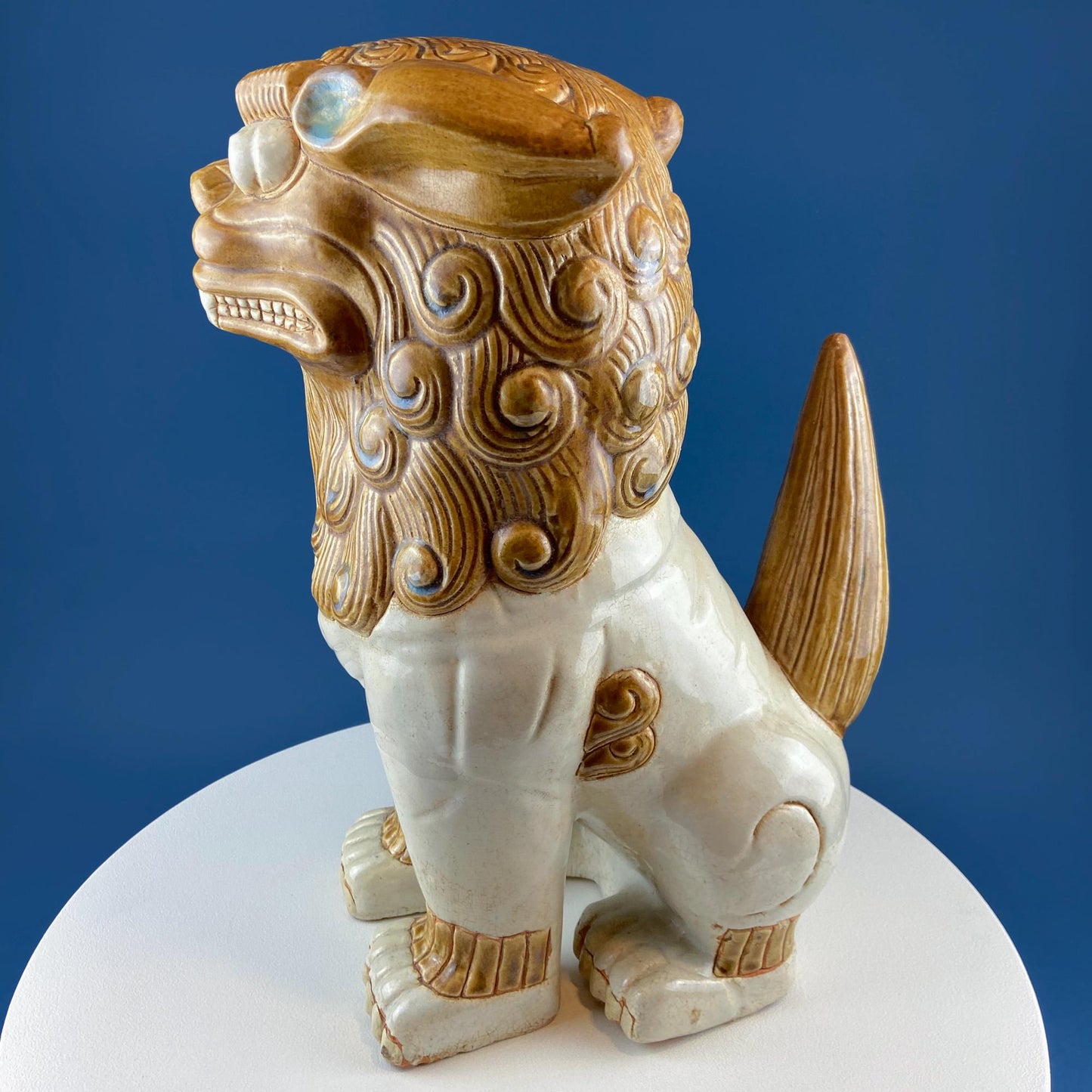 XL Chinese Style Guardian Foo Dog. Glazed Gold & Beige Standing Statue of Animal. Symbolic of Protection. Ethnic Home Art Decor. - Tampa Home & Garden Store