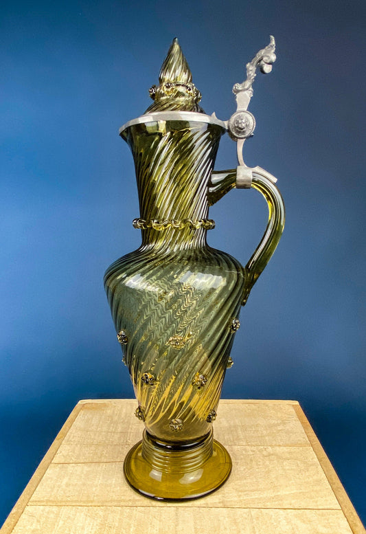 XL Vintage Glass Pitcher with Pewter Detailing. Antique Hand Blown Large 18" German Wine or Water Jug. Vintage Gifts. - Tampa Home & Garden Store