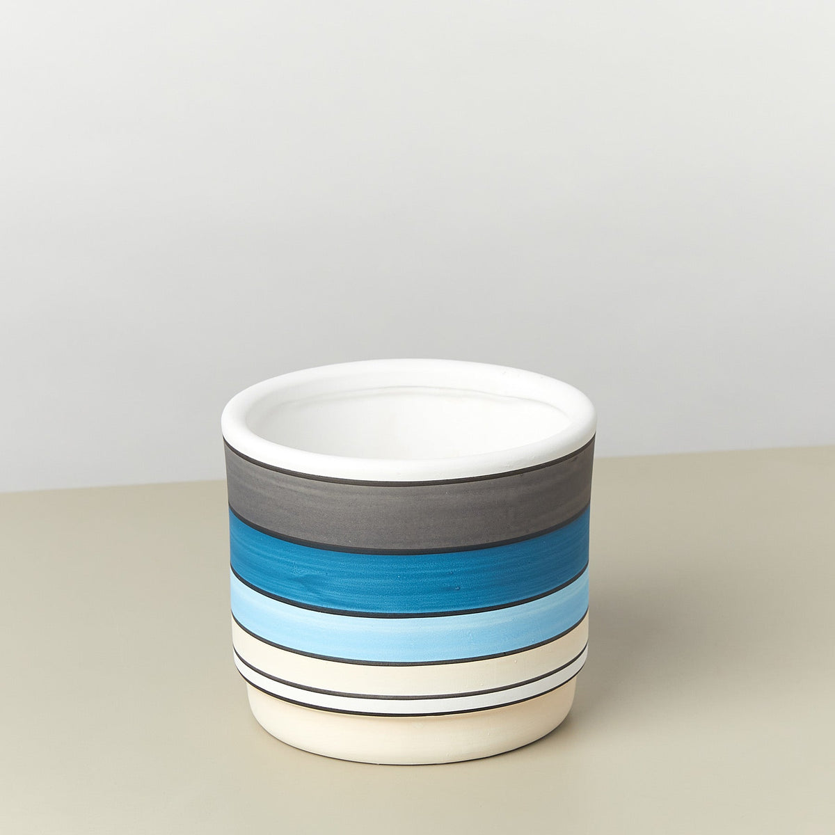 Polychrome cylinder pot with blue gray white horizontal stripes 5.5 inch planter for desk on Tampa Home & Garden Store