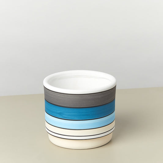 Polychrome cylinder pot with blue gray white horizontal stripes 5.5 inch planter for desk on Tampa Home & Garden Store