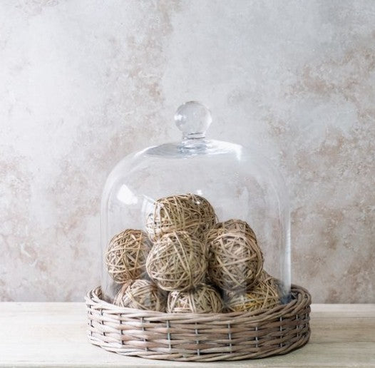 Willow Base Glass Cloche on a woven wicker stand with twine balls by Thenestedfig on Tampa Home & Garden Store
