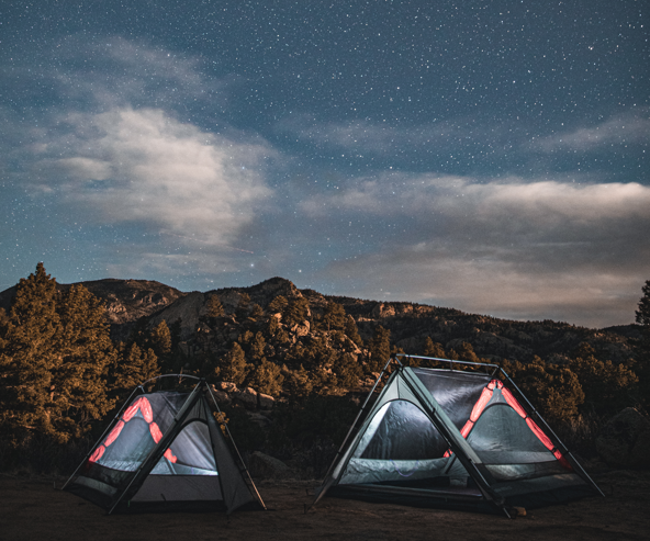 Sky View Duo Tent pair on a night camp with two dark tents and red accents under starry sky on Tampa Home & Garden Store