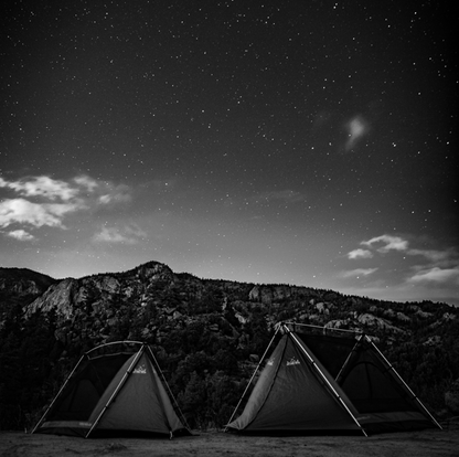 Sky View Duo Tent two-tent setup in dark-gray fabric under a starry night sky on rocky hills on Tampa Home & Garden Store