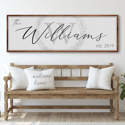 Family Sign canvas by Tailored Canvases with Williams script on grey textured background on Tampa Home & Garden Store