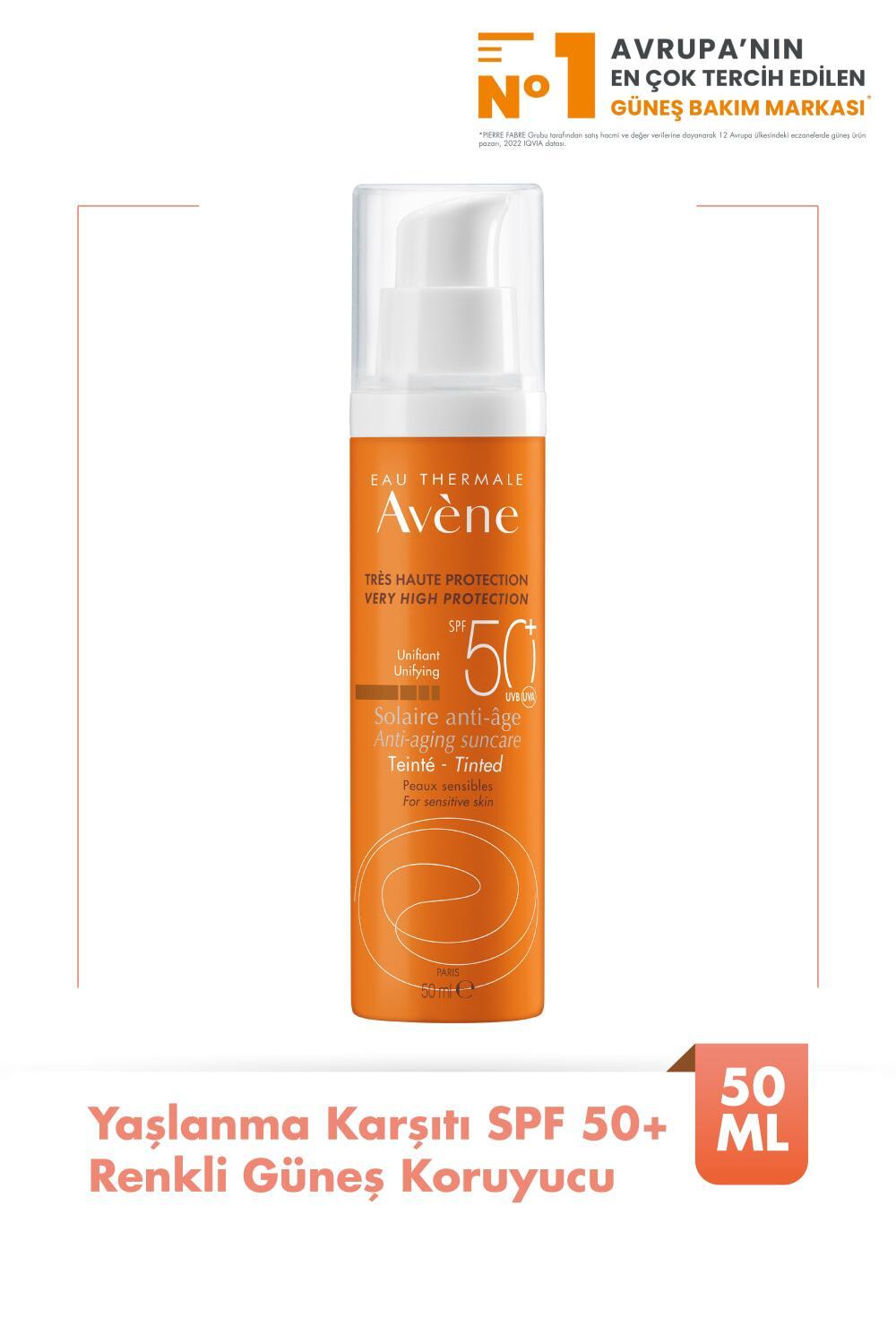 Avène tinted SPF 50+ sunscreen pump bottle in packaging, anti-aging for sensitive skin on Tampa Home & Garden Store