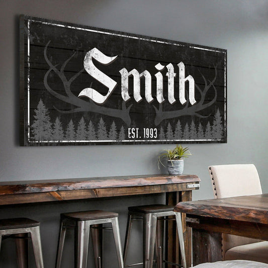 Rustic Family Antler Sign III canvas wall art featuring Smith lettering and EST 1993 on Tampa Home & Garden Store