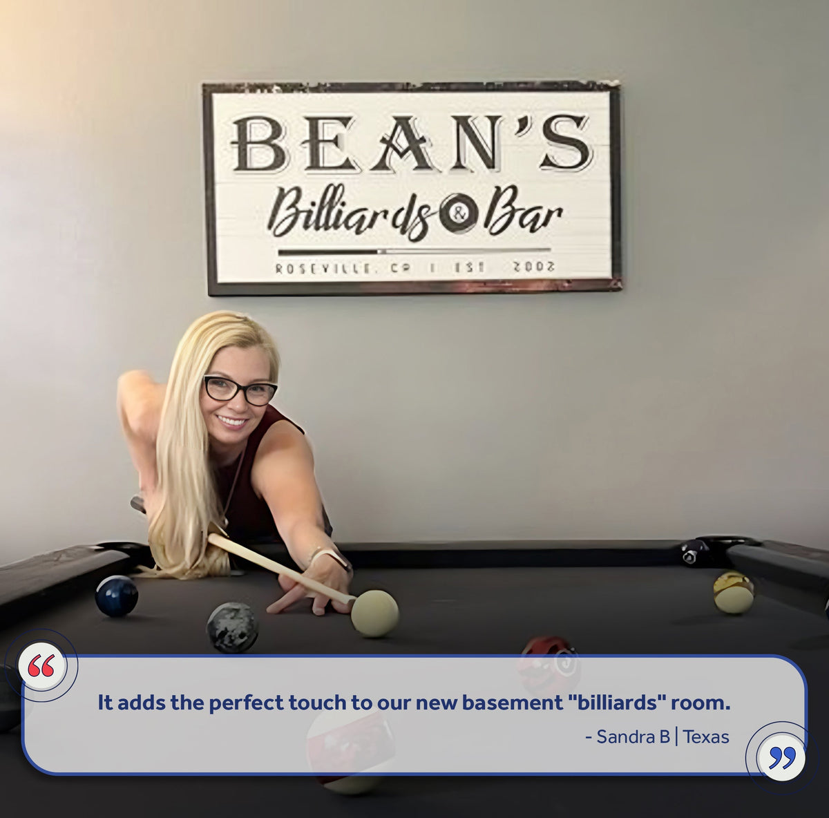 Billiards and Bar sign canvas with white background and black text on Tampa Home & Garden Store