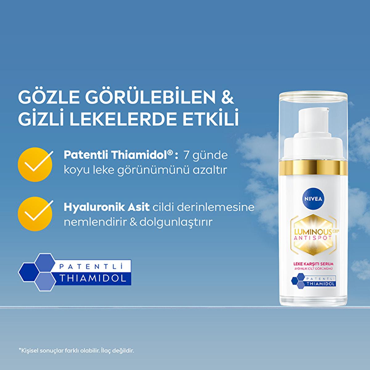 Face serum NIVEA Luminous630 Anti-Spot bottle with pump, white container, blue logo on Tampa Home & Garden Store