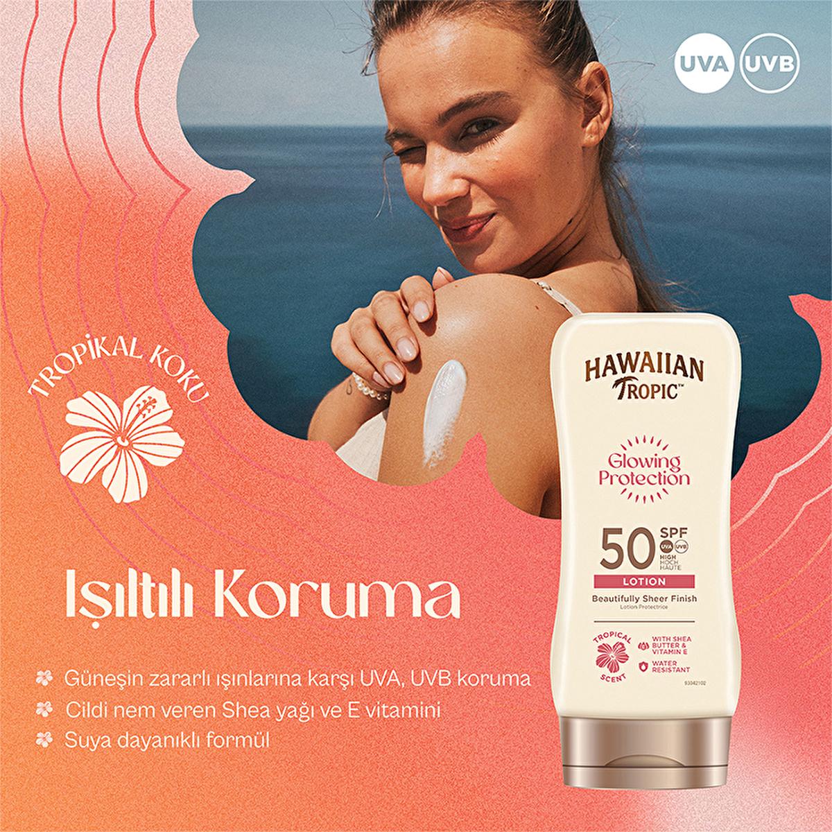Sunscreen lotion Hawaiian Tropic Glowing Protection SPF 50 bottle with tropical pink backdrop on Tampa Home & Garden Store