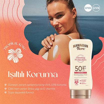 Sunscreen lotion Hawaiian Tropic Glowing Protection SPF 50 bottle with tropical pink backdrop on Tampa Home & Garden Store
