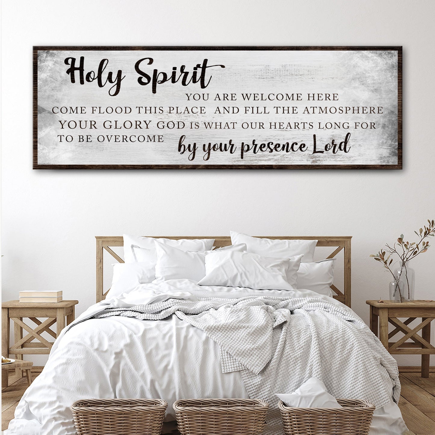 Holy Spirit You Are Welcome Here Sign canvas with gray background and dark brown lettering on Tampa Home & Garden Store