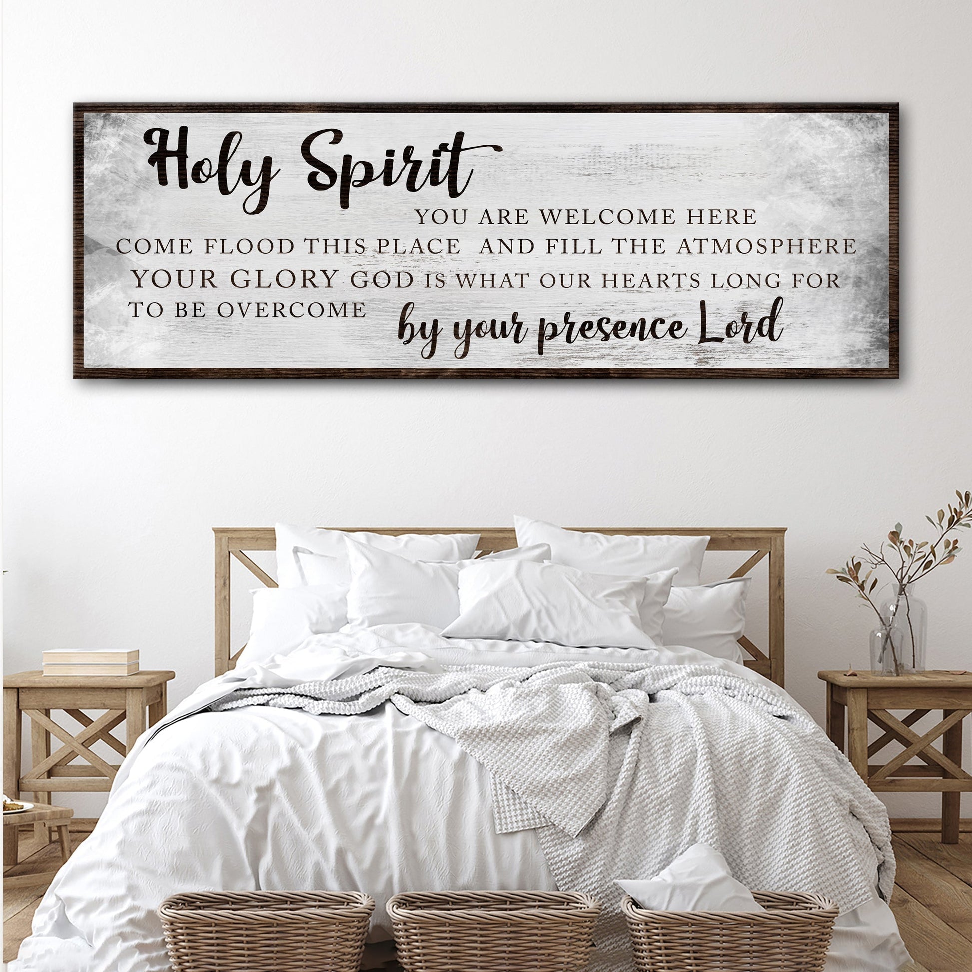 Holy Spirit You Are Welcome Here Sign canvas with gray background and dark brown lettering on Tampa Home & Garden Store
