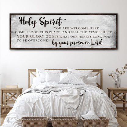 Holy Spirit You Are Welcome Here Sign canvas with gray background and dark brown lettering on Tampa Home & Garden Store
