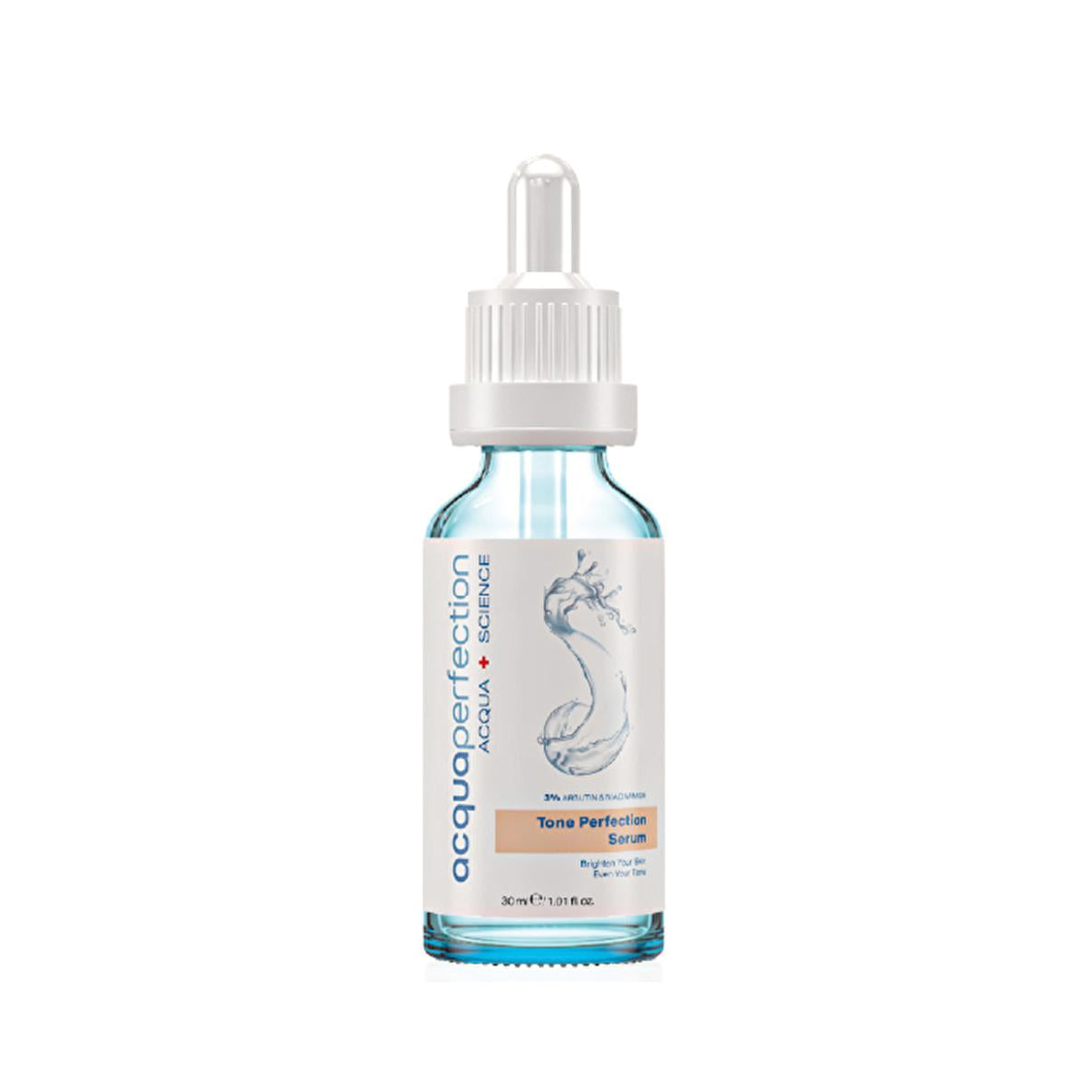 Face serum bottle with blue liquid and white dropper by Beauty Care Bag Acqua Perfection Serum on Tampa Home & Garden Store