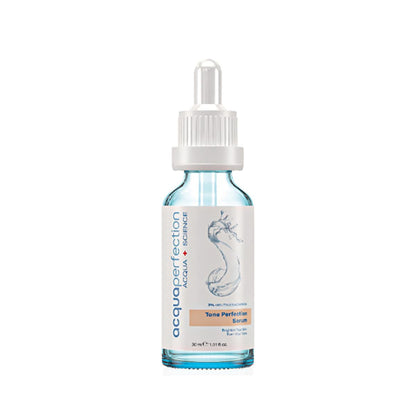 Face serum bottle with blue liquid and white dropper by Beauty Care Bag Acqua Perfection Serum on Tampa Home & Garden Store