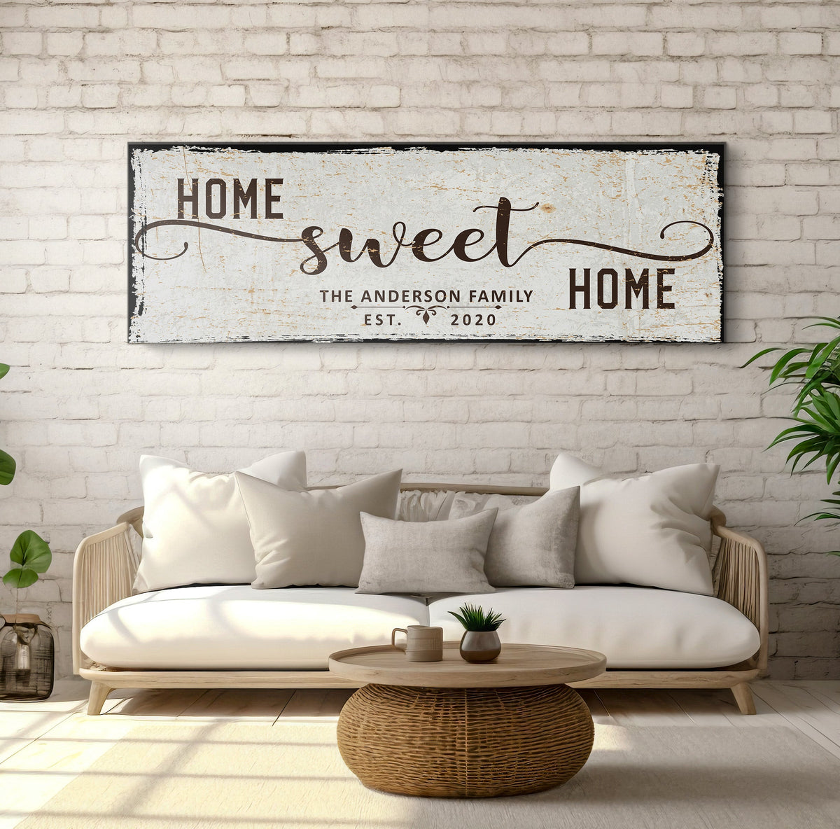 Home Sweet Home canvas sign with white surface, brown script Anderson Family Est. 2020 on Tampa Home & Garden Store