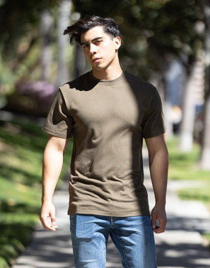 Custom printed men's bamboo viscose organic cotton short sleeve tee in olive brown on Tampa Home & Garden Store