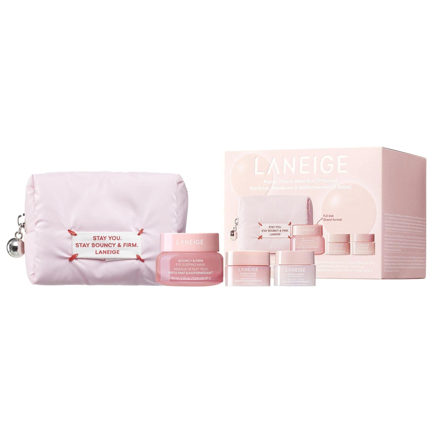 Laneige Bouncy & Firm skincare set with pastel pink pouch and jars on Tampa Home & Garden Store