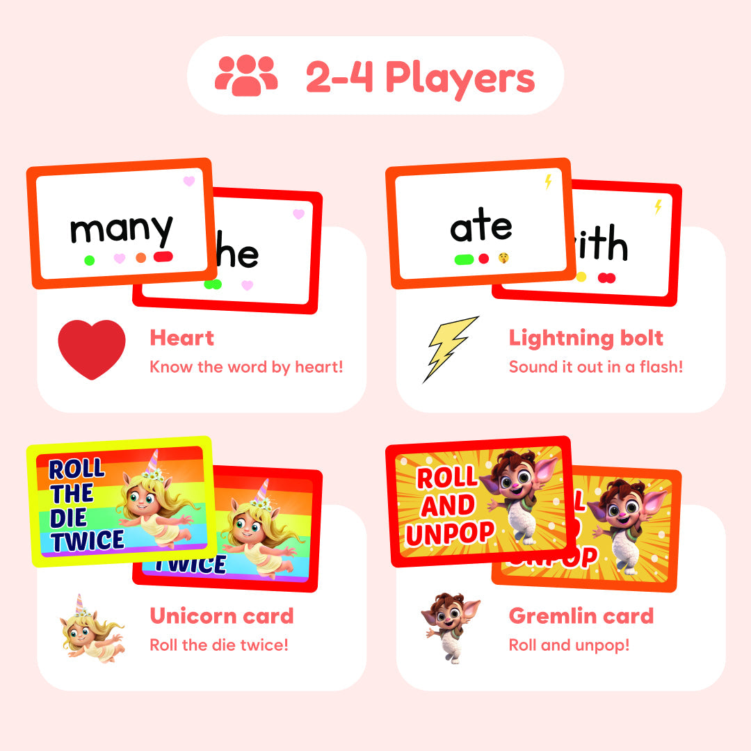 The Fidget Game: Sight Words Edition word cards for 2-4 players with heart and bolt icons on Tampa Home & Garden Store