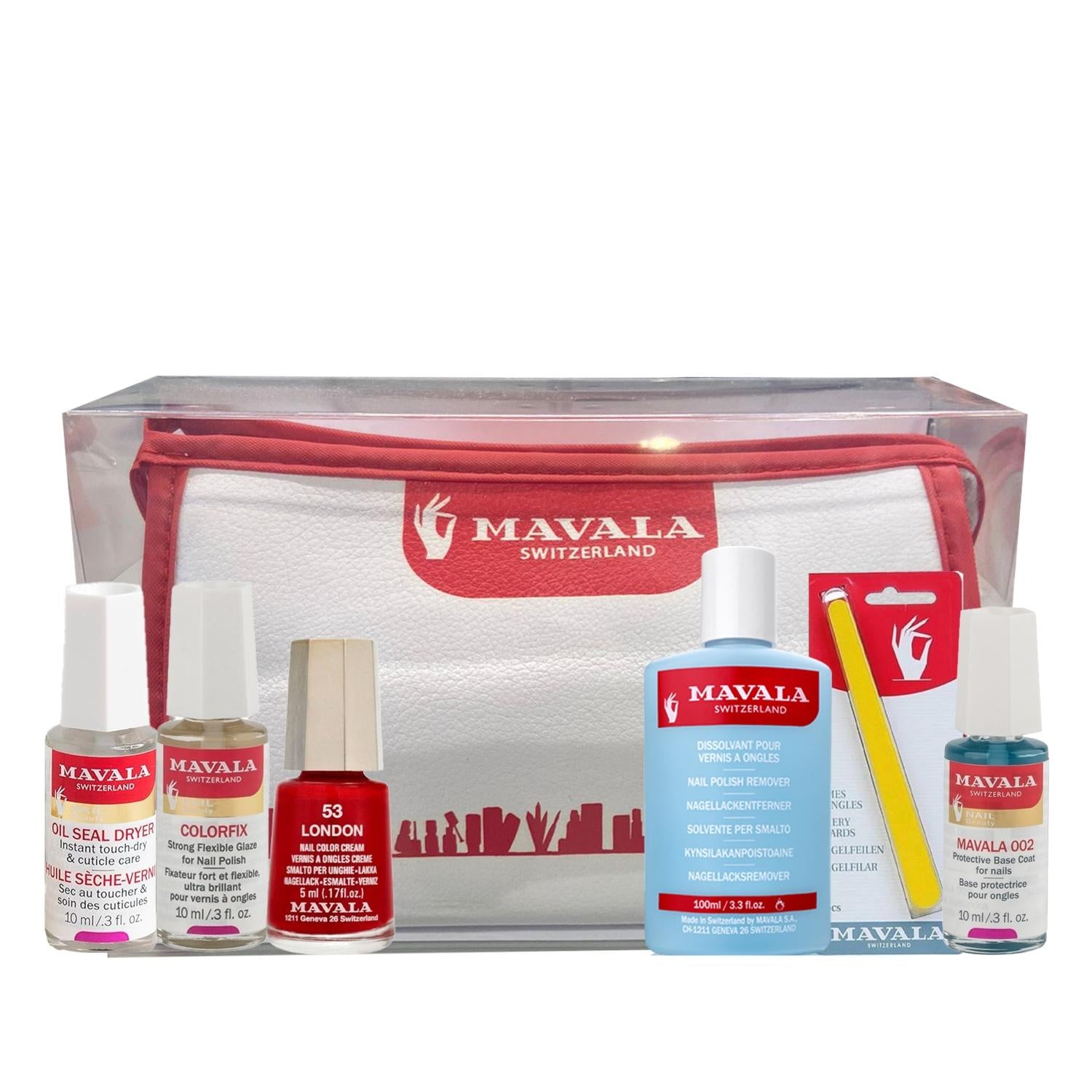 Mavala Nail Care Set in red white zip pouch with remover and base coat on Tampa Home & Garden Store