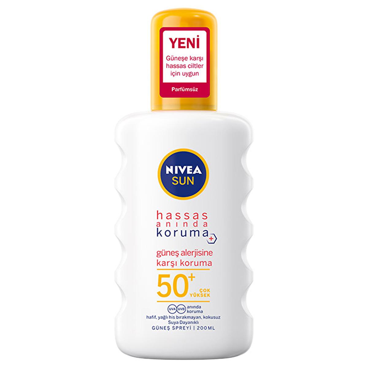 NIVEA SUN SPF 50+ sunscreen spray bottle with yellow cap, fragrance-free for sensitive skin on Tampa Home & Garden Store