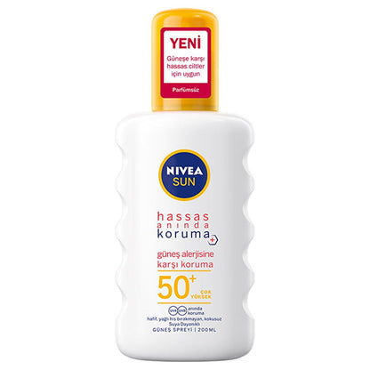 NIVEA SUN SPF 50+ sunscreen spray bottle with yellow cap, fragrance-free for sensitive skin on Tampa Home & Garden Store