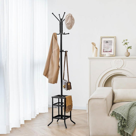 Black Metal Coat Rack Entryway Hall Tree with Umbrella Holder - Tampa Home & Garden Store