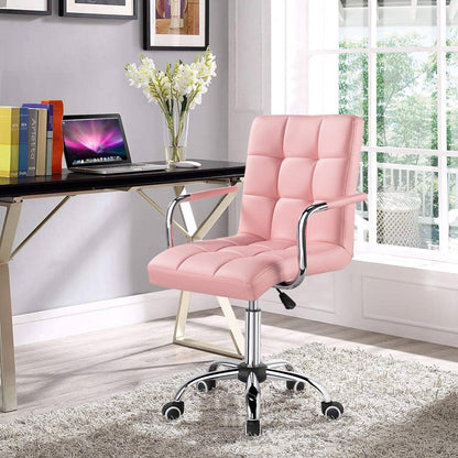Silla de oficina giratoria moderna rosa de piel sintética con respaldo medio, reposabrazos y ruedas