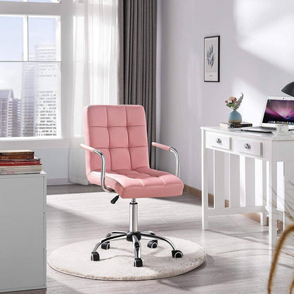 Silla de oficina giratoria moderna rosa de piel sintética con respaldo medio, reposabrazos y ruedas