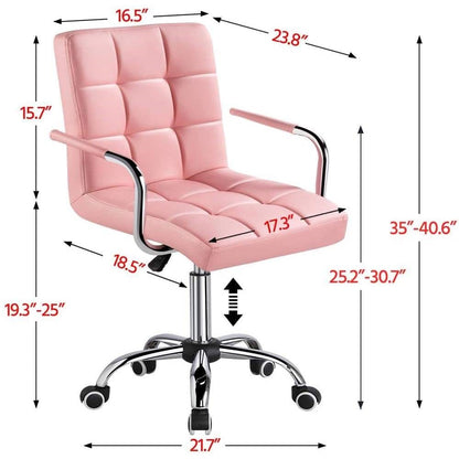 Silla de oficina giratoria moderna rosa de piel sintética con respaldo medio, reposabrazos y ruedas