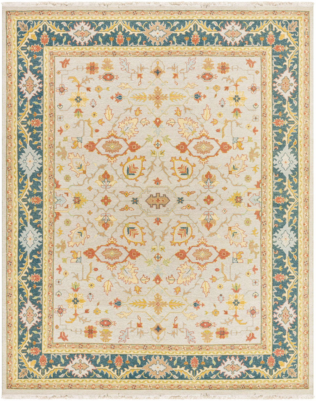 Yenimahalle Premium Rug by Boutique Rugs, ivory field with pastel floral motifs and teal border on Tampa Home & Garden Store