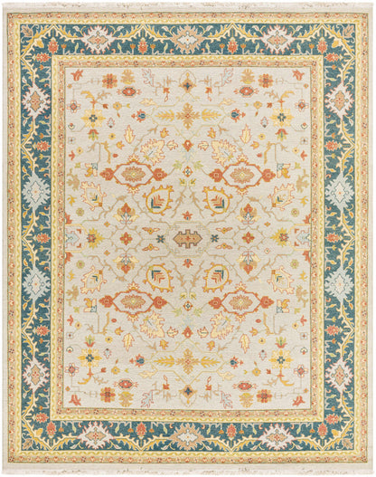 Yenimahalle Premium Rug by Boutique Rugs, ivory field with pastel floral motifs and teal border on Tampa Home & Garden Store