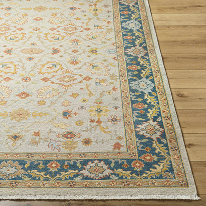 Yenimahalle Premium Rug ivory field with blue border and floral motifs Boutique Rugs on Tampa Home & Garden Store