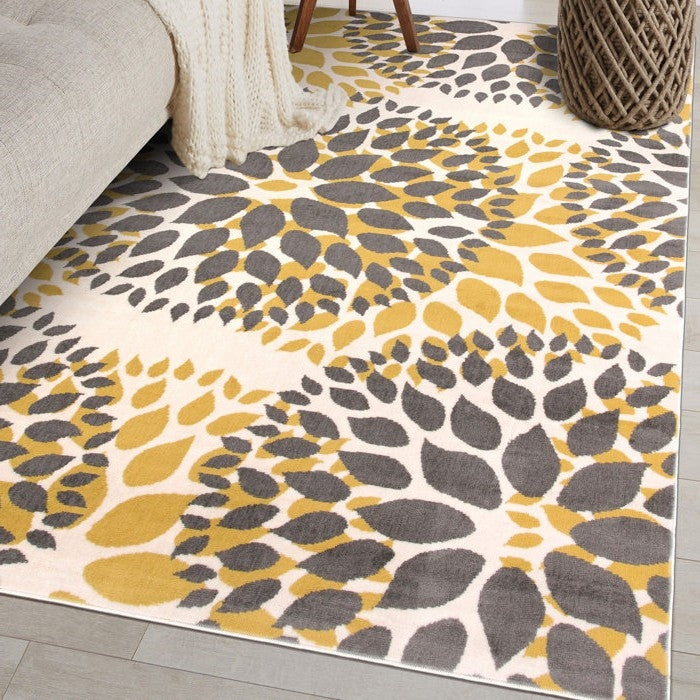 Alfombra de área de polipropileno resistente a las manchas, tejida, floral, gris y amarillo, de 0,91 m x 1,52 m