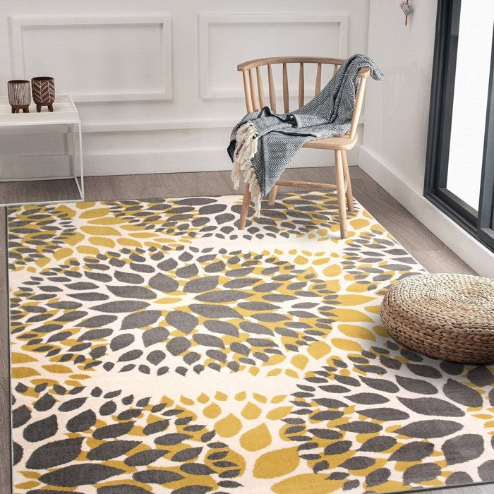 Alfombra de área de polipropileno de 5' x 7' resistente a las manchas, tejida, floral gris y amarillo